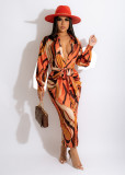 Casual Printed Long Sleeve Sashes Maxi Dress SMR-10828