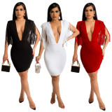 Solid Sexy Tassel Deep V Neck Bodycon Dress HNIF-073
