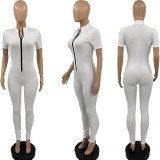 Solid Short Sleeve Zipper Skinny Jumpsuit AMLF-2112