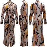 Casual Printed Long Sleeve Sashes Maxi Dress SMR-10828