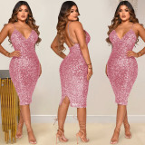 Sexy Sequin V Neck Spaghetti Strap Midi Club Dress BY-5611