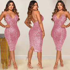 Sexy Sequin V Neck Spaghetti Strap Midi Club Dress BY-5611