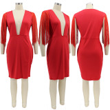 Solid Sexy Tassel Deep V Neck Bodycon Dress HNIF-073