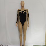 Sexy Velour Mesh Patchwork Long Sleeve Jumpsuit BN-9319