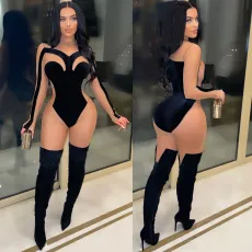Sexy Velour Mesh Patchwork Long Sleeve Jumpsuit BN-9319