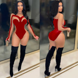 Sexy Velour Mesh Patchwork Long Sleeve Jumpsuit BN-9319