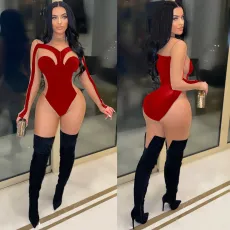 Sexy Velour Mesh Patchwork Long Sleeve Jumpsuit BN-9319