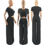 Solid Short Sleeve Wide Leg Pants Two Piece Sets FOSF-8117