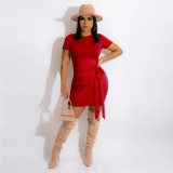 Solid Short Sleeve Ruched Casual Mini Dress SFY-2159