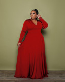 Plus Size Solid V Neck Long Sleeve Maxi Dress SFY-085