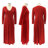 Plus Size Solid V Neck Long Sleeve Maxi Dress SFY-085
