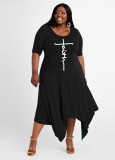 Plus Size Letter Print Irregular Casual Dress WAF-71921
