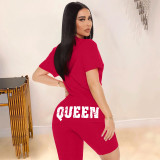 QUEEN Letter Print T Shirt And Shorts 2 Piece Suits WAF-741525