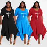 Plus Size Letter Print Irregular Casual Dress WAF-71921