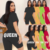 QUEEN Letter Print T Shirt And Shorts 2 Piece Suits WAF-741525