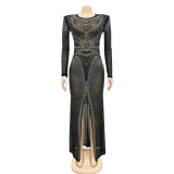 Sexy Hot Drilling See Through Split Night Club Maxi Dress BY-5595