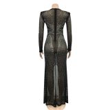 Sexy Hot Drilling See Through Split Night Club Maxi Dress BY-5595