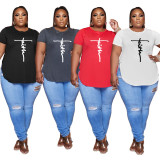 Plus Size Letter Print O Neck Short Sleeve T Shirt HNIF-014