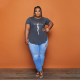 Plus Size Letter Print O Neck Short Sleeve T Shirt HNIF-014