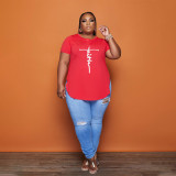 Plus Size Letter Print O Neck Short Sleeve T Shirt HNIF-014