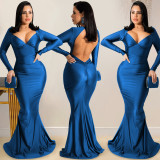 Sexy V Neck Long Sleeve Backless Maxi Evening Dress BY-5627