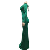 Sexy V Neck Long Sleeve Backless Maxi Evening Dress BY-5627