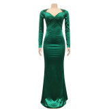 Sexy V Neck Long Sleeve Backless Maxi Evening Dress BY-5627