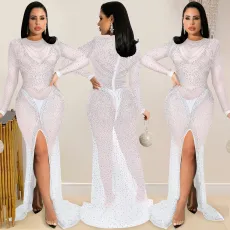 Sexy Hot Drilling See Through Split Night Club Maxi Dress BY-5595
