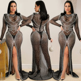 Sexy Hot Drilling See Through Split Night Club Maxi Dress BY-5595