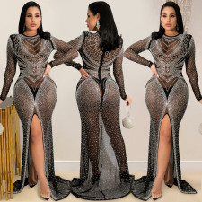 Sexy Hot Drilling See Through Split Night Club Maxi Dress BY-5595