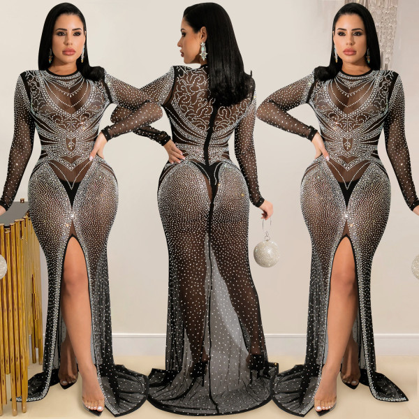 Sexy Hot Drilling See Through Split Night Club Maxi Dress BY-5595