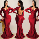 Sexy V Neck Long Sleeve Backless Maxi Evening Dress BY-5627