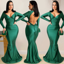Sexy V Neck Long Sleeve Backless Maxi Evening Dress BY-5627
