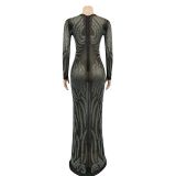 Sexy Hot Drilling Mesh See Through Long Club Dress BY-5606