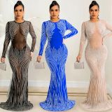 Sexy Hot Drilling Mesh See Through Long Club Dress BY-5606