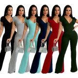 Solid Short Sleeve Flared Jumpsuit SFY-2160
