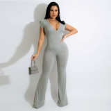 Solid Short Sleeve Flared Jumpsuit SFY-2160