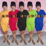 Queen Letter Embroidery T Shirt And Shorts 2 Piece Sets WAF-741568