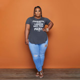 Plus Size Letter Print Short Sleeve O Neck T Shirt HNIF-012