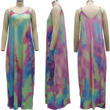 Sexy Printed Spaghetti Strap Pockets Loose Maxi Dress SMR-SMR10502