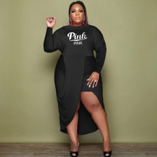 Plus Size Pink Letter Long Sleeve Midi Dress XMF-098