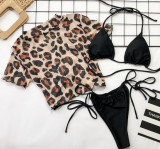 Bikini Leopard Print Split Swimsuit Sexy Short Sleeve Three Piece Set CSYZ-19230