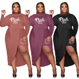 Plus Size Pink Letter Long Sleeve Midi Dress XMF-098