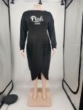 Plus Size Pink Letter Long Sleeve Midi Dress XMF-098