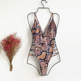Snake Skin Print V Neck Hollow One-Piece Swimsuit CASF-6101