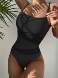 Solid Mesh Patchwork One-Piece Swimsuit CASF-6271