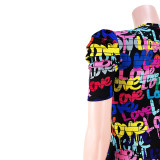 Sexy Printed Puff Sleeve O Neck Bodysuit ASL-6558