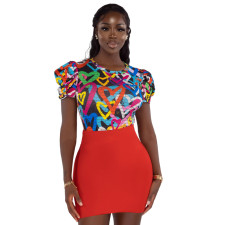 Sexy Printed Puff Sleeve O Neck Bodysuit ASL-6558