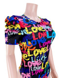 Sexy Printed Puff Sleeve O Neck Bodysuit ASL-6558