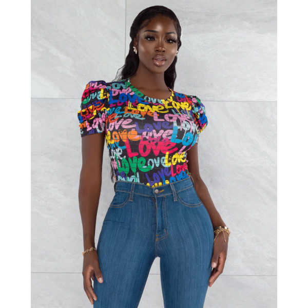 Sexy Printed Puff Sleeve O Neck Bodysuit ASL-6558